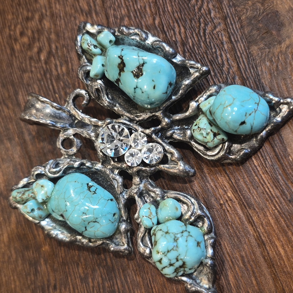 Vtg Turquoise & Rhinestone Embellished Silver Tone Butterfly Necklace Pendant